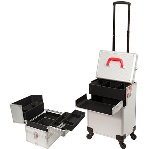 Rolling Makeup Train Case Large Storage Cosmetic Trolley 4 in 1 Large Capacity Trolley Makeup Travel Case with Key Swivel Wheels Salon Barber Case Traveling Cart Trunk(Line Silver)