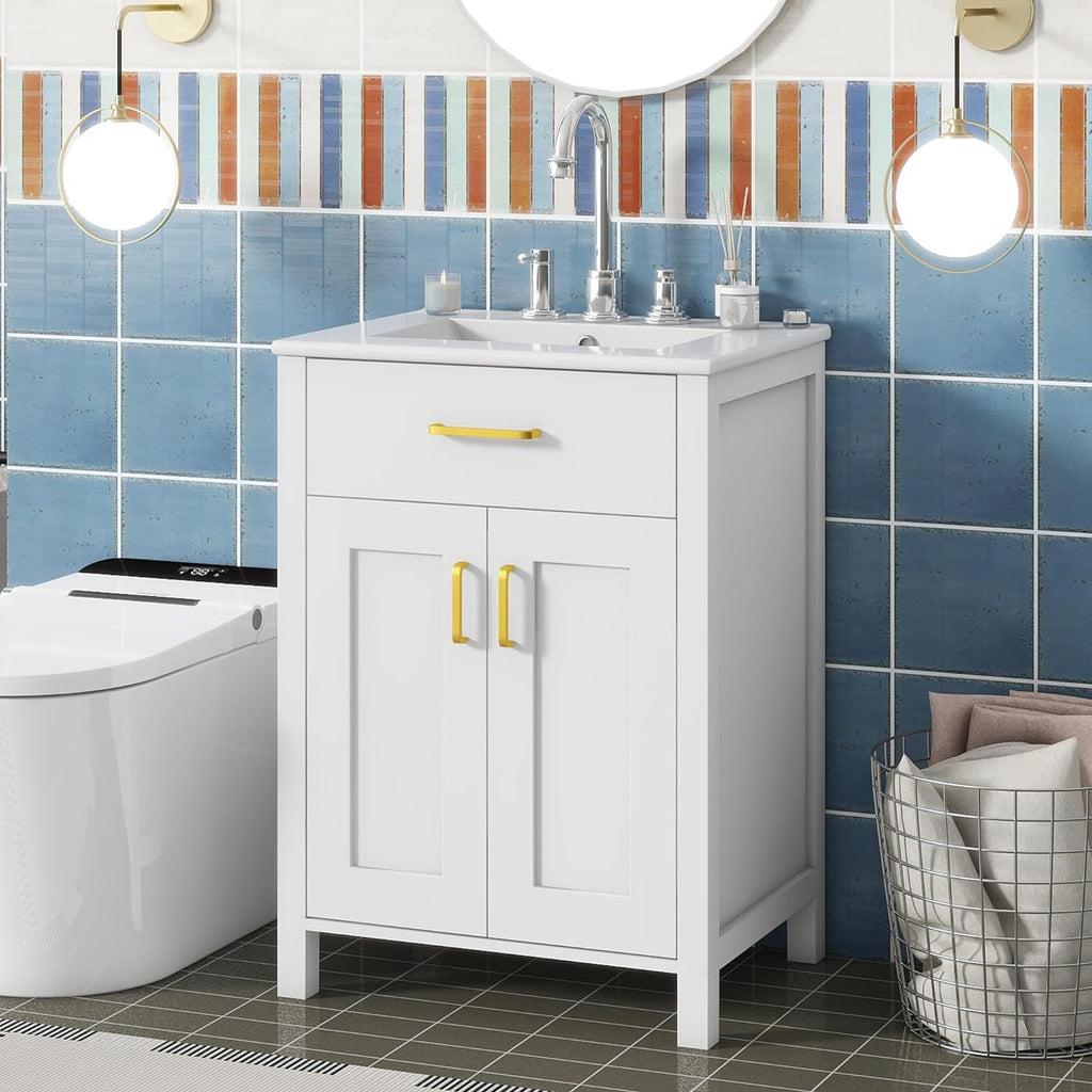 24" Bathroom Vanity with Sink, Single Basin, 2 Soft-Close Doors and Drawer, White G688089