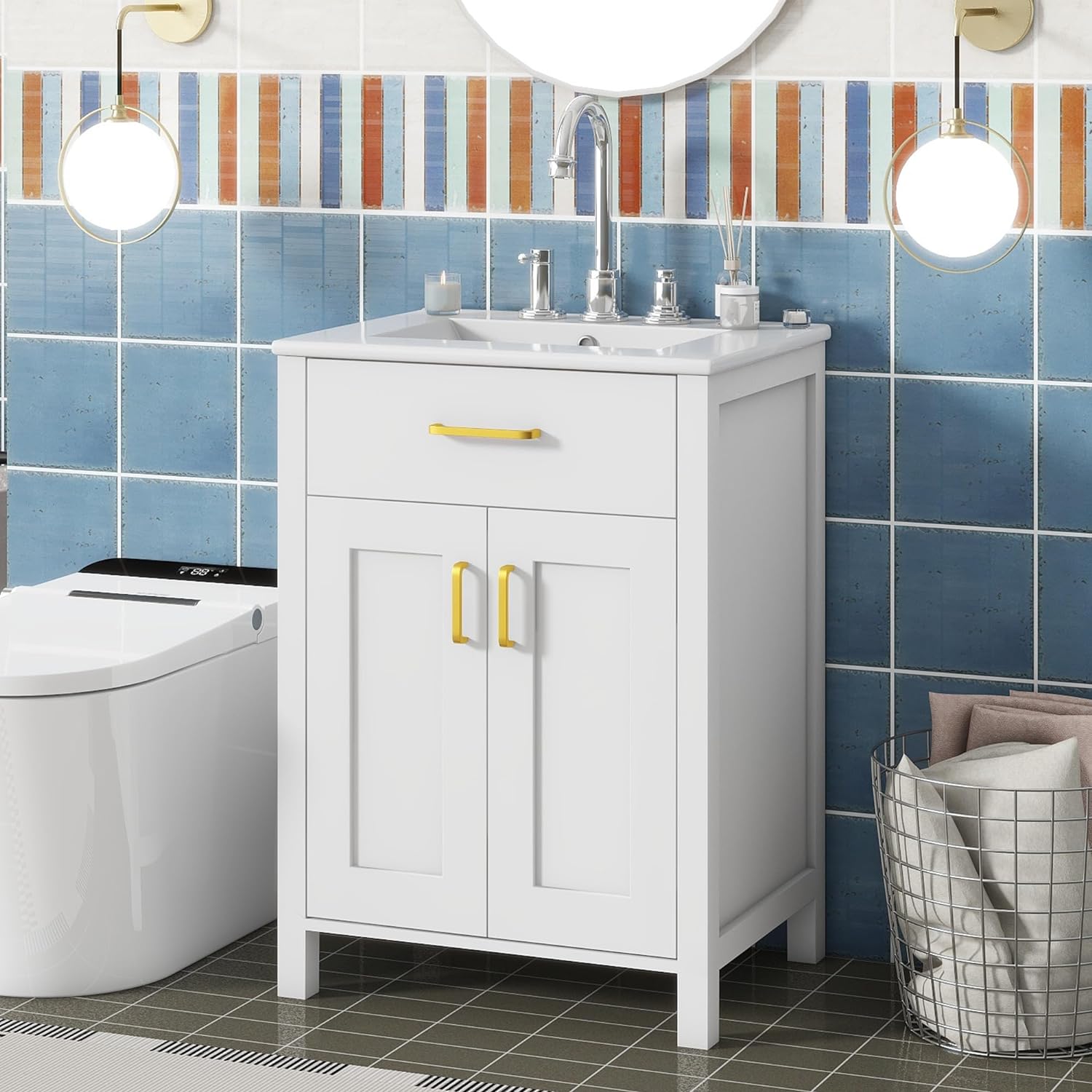 24" Bathroom Vanity with Sink, Single Basin, 2 Soft-Close Doors and Drawer, White G688089