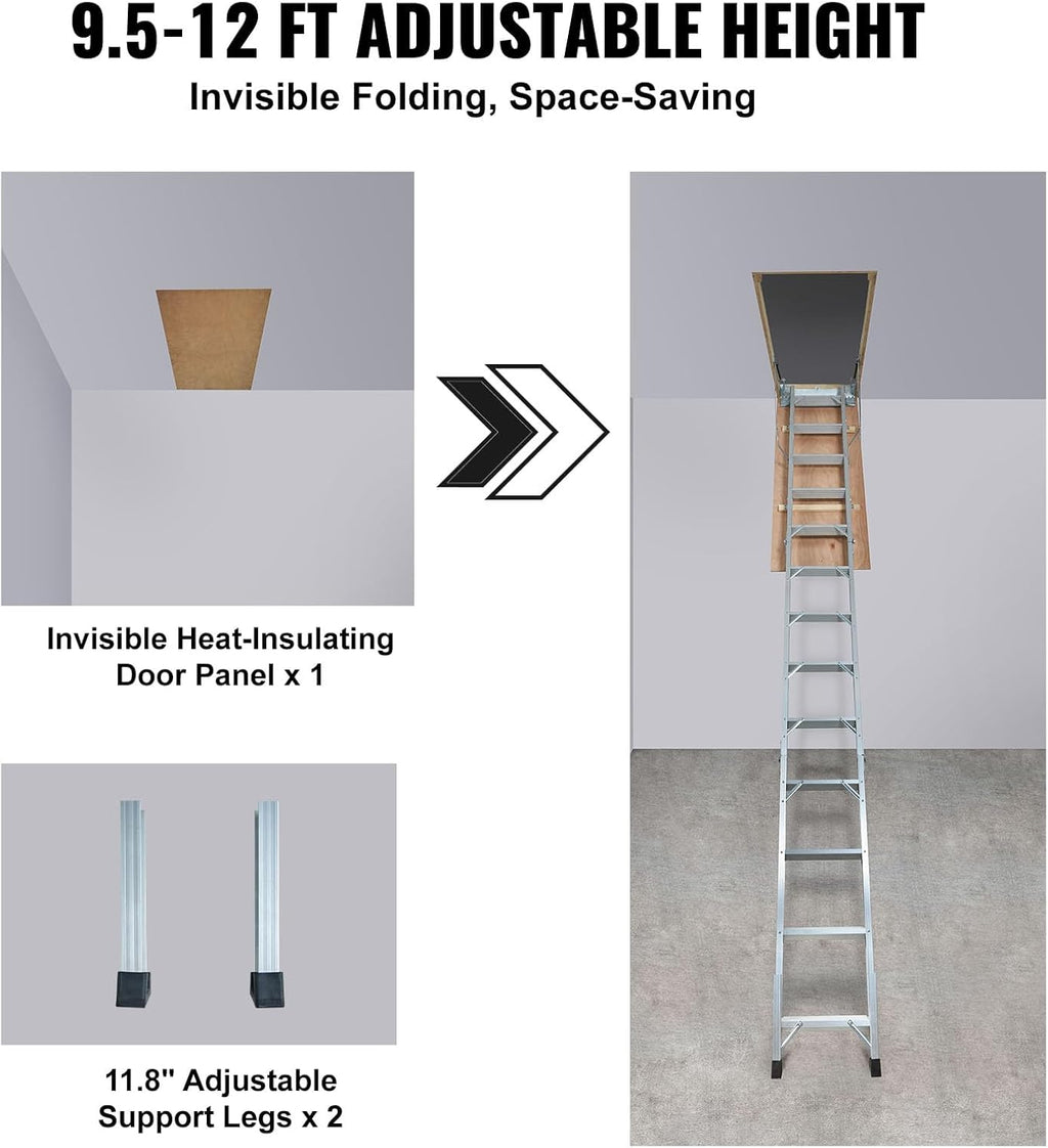 Attic Ladder Foldable, 350-pound Capacity, Aluminum, Fits 9.5'-12' Ceiling Heights I77732