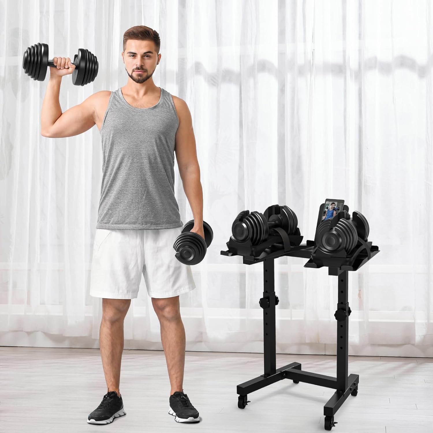 Adjustable Dumbbell Stand with 4-Level Height Rack and Wheels L357872