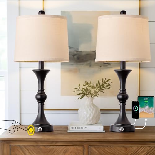 Oneach 27" Modern Table Lamps Set of 2 for Living Room Bedroom with USB Charging Port,Brushed Steel Bedside Lamps for Night Stands,Fabric Drum Shade Nightstand Lamp Light for End Tables Home(Black)
