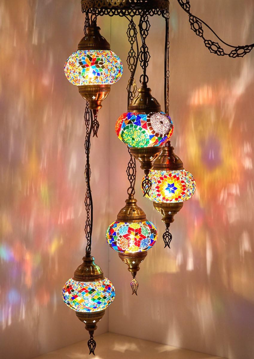DEMMEX PLUGIN 5 Globes Chandelier Light Turkish Moroccan Mosaic Ceiling Hanging Pendant Light Fixture Chandelier Lighting (PlugIn with 15feet Cord,Chain&Plug)