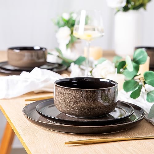 Ceramic Dinnerware Set of 18, Porcelain Plates and Bowls, Reactive Glaze, Oven and Dishwasher Safe I6158