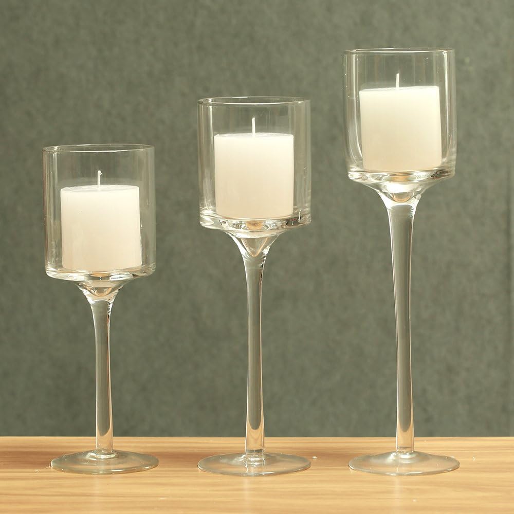 Set of 3 Tall Clear Glass Candlestick & Tealight Holders for Table Centerpiece Decor O2697