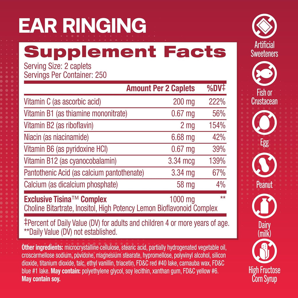 Tinnitus Relief Ear Health Vitamins with Bioflavonoids and Vitamin C, 500 Caplets Q345