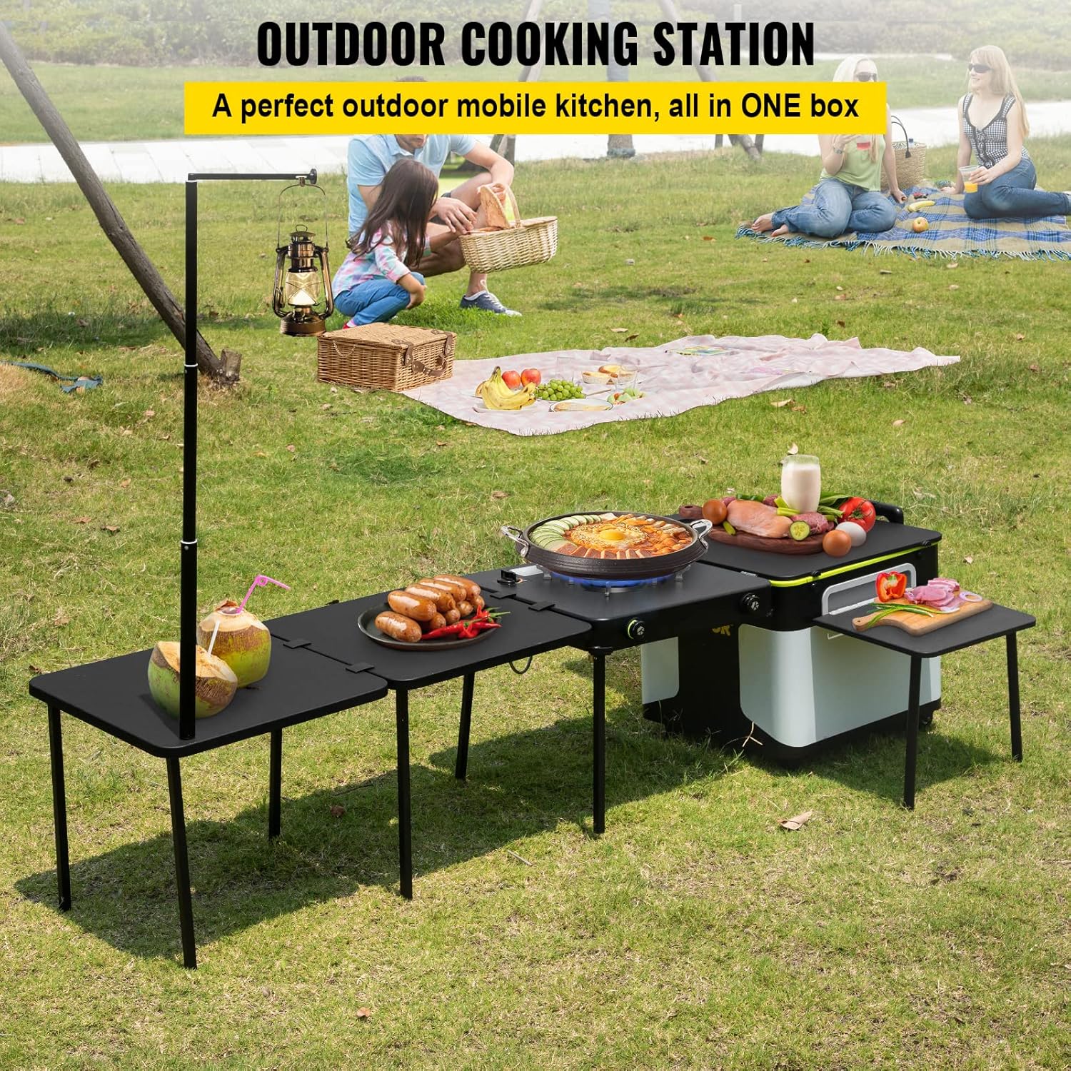 Camping Kitchen Outdoor Cooking Station with Wheels and Windproof Stove S56362