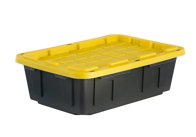 Commander Medium 5-Gallon (20-Quart) Black/Yellow Heavy Duty Tote with Hinged Lid - Lockable, Durable Polypropylene, Lightweight, Easy Access Storage Box