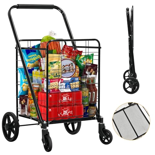 DWVO Folding Shopping Cart with Wheels, Rolling Foldable Grocery Cart for Seniors, Portable Collapsible Utility Cart for Shopping Groceries Laundry Stair Climbing Storage
