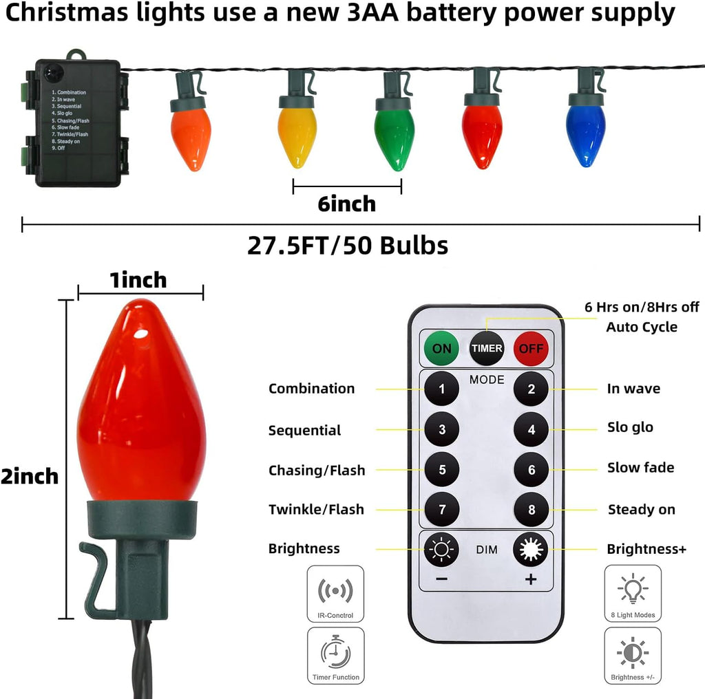 C7 LED Christmas Lights Battery Operated with Remote, 8 Mode Twinkle, 50 Bulbs T98600