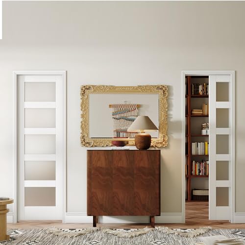 Sliding Pocket Door 60" x 80" with 5 Frosted Glass Panels, White Primed P361
