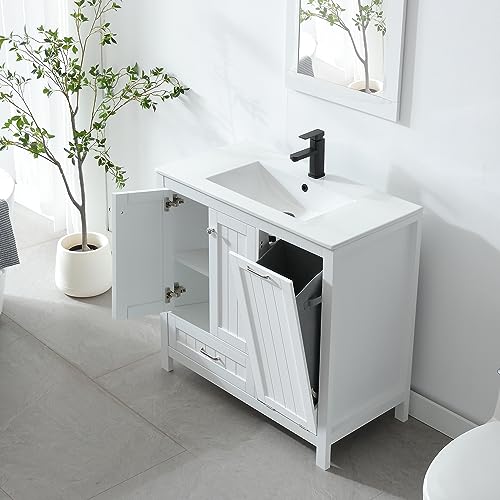 LUCKWIND 36" Bathroom Vanity with Sink Combo Set, Bathroom Cabinet with Laundry Hamper, includes 2 Doors, 1 Drawer and Soft Closing System, (Mirror Not Include), White