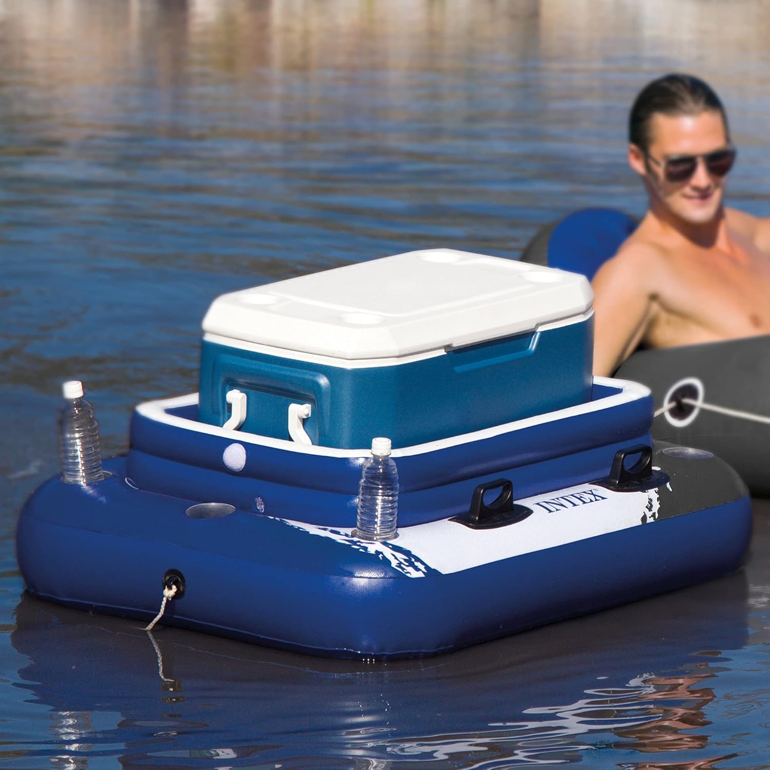 Inflatable Pool Raft Lounger for 4 People with Cup Holders and Grab Handles D8427