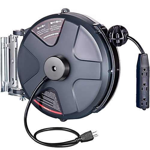 VEVOR Retractable Extension Cord Reel, 50 FT Heavy Duty 14AWG/3C SJTOW Power Cord with Lighted Triple Tap Outlet, 13 Amp Circuit Breaker 180° Swivel Bracket for Ceiling or Wall Mount, Black