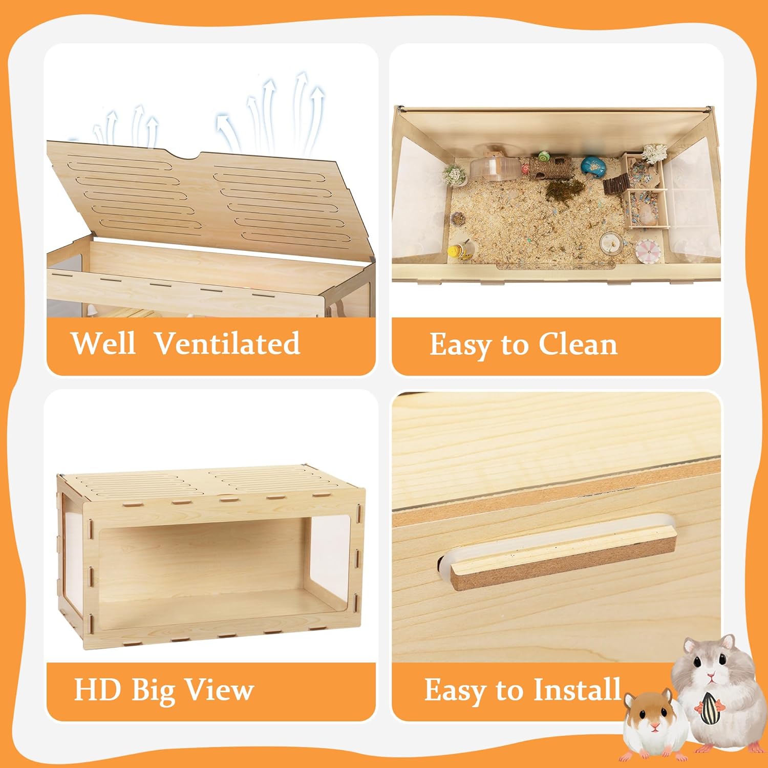 Wooden Hamster Cage, 40" Large Habitat with Openable Top & Acrylic Sheets F29998