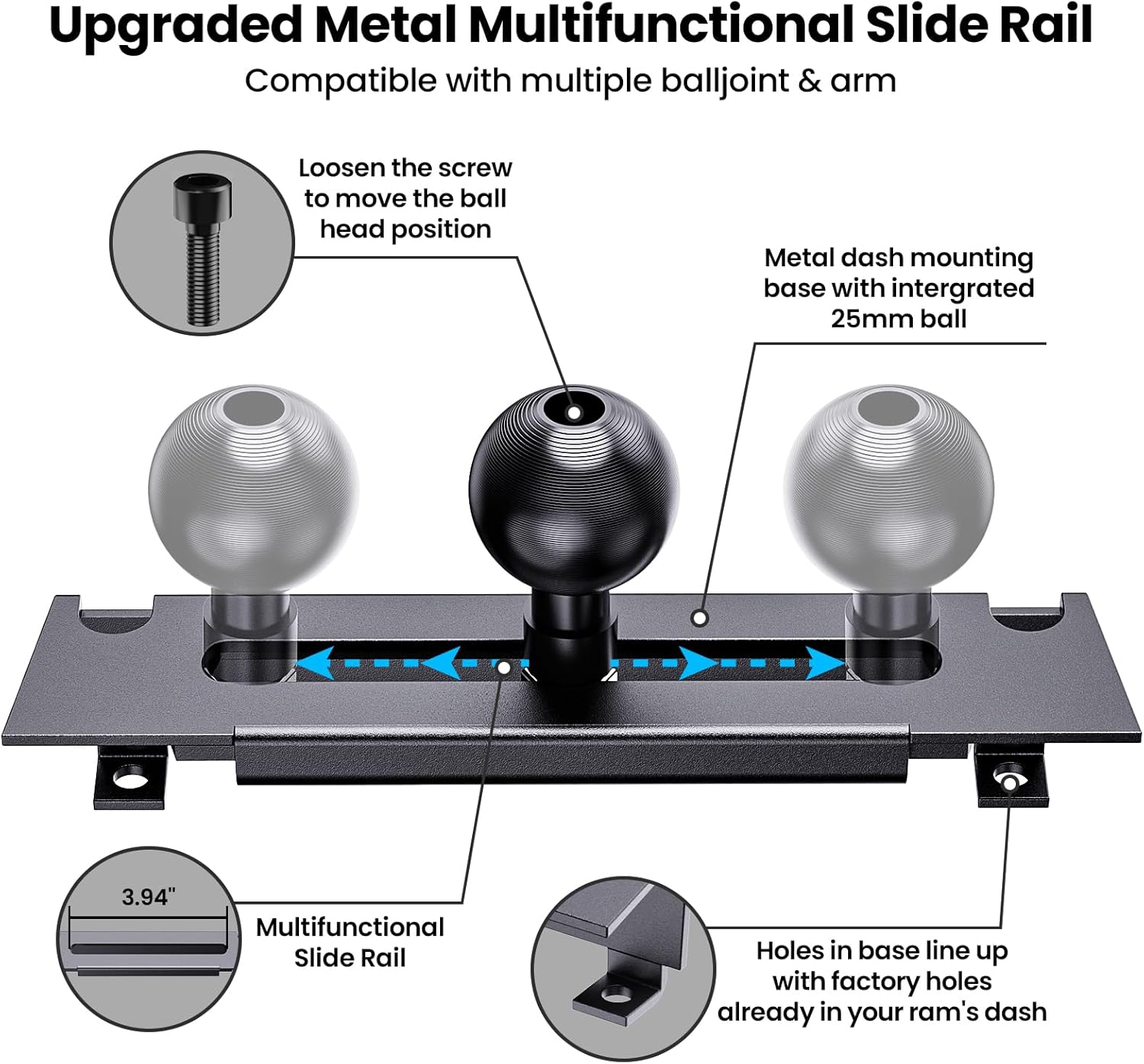 Metal Phone Mount for Ram Truck 2013-2018, Dash Holder with 360° Rotation Y61309