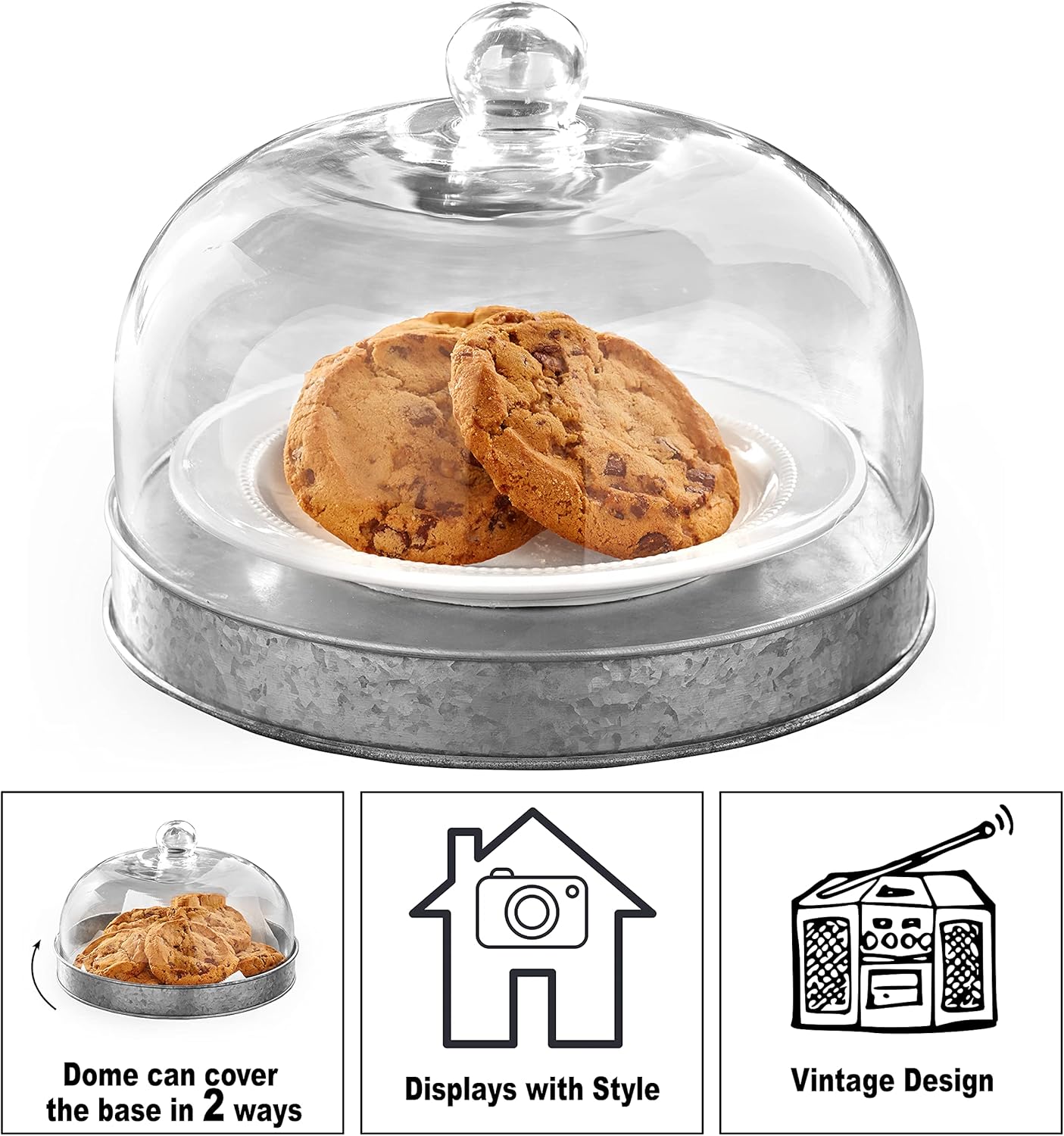 The Lakeside Collection Glass Domed Serving Plate for Confectionery and Baked Goods - Galvanized