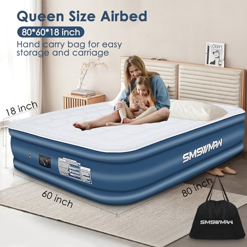 Queen Air Mattress with Built-in Pump, 18" Elevated Inflatable Bed with Storage Bag V3513