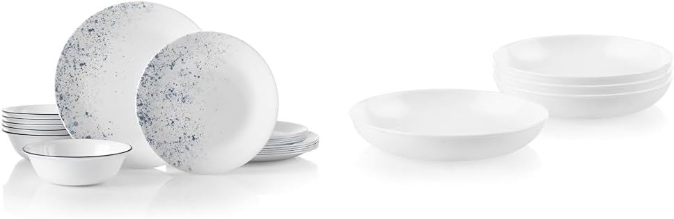 Corelle Vitrelle 18-Piece Service for 6 Dinnerware Set, Indigo Speckle & 4-Pc Versa Bowls for Pasta, Salad and More, Service for 4, Durable and Eco-Friendly 30-Oz, Compact Stack Bowl Set, White