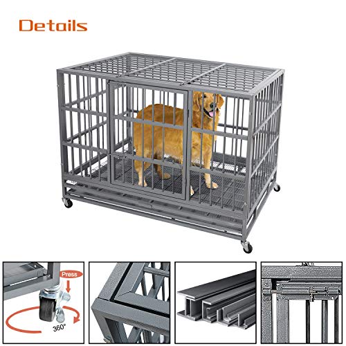 48 Inch Heavy Duty Dog Crate with Wheels, Double Door and Removable Tray R8437