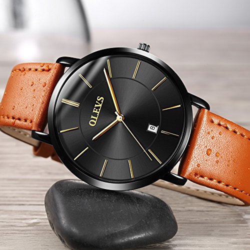 Minimalist Ultra Thin Analog Quartz Date Watch with Leather Band L493860