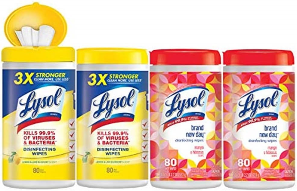 Lysol Disinfecting wipes, 320 Count (80 Count X4), 2 Mango and hibiscus Plus 2 Lemon and Lime Blossom, Packaging May Vary