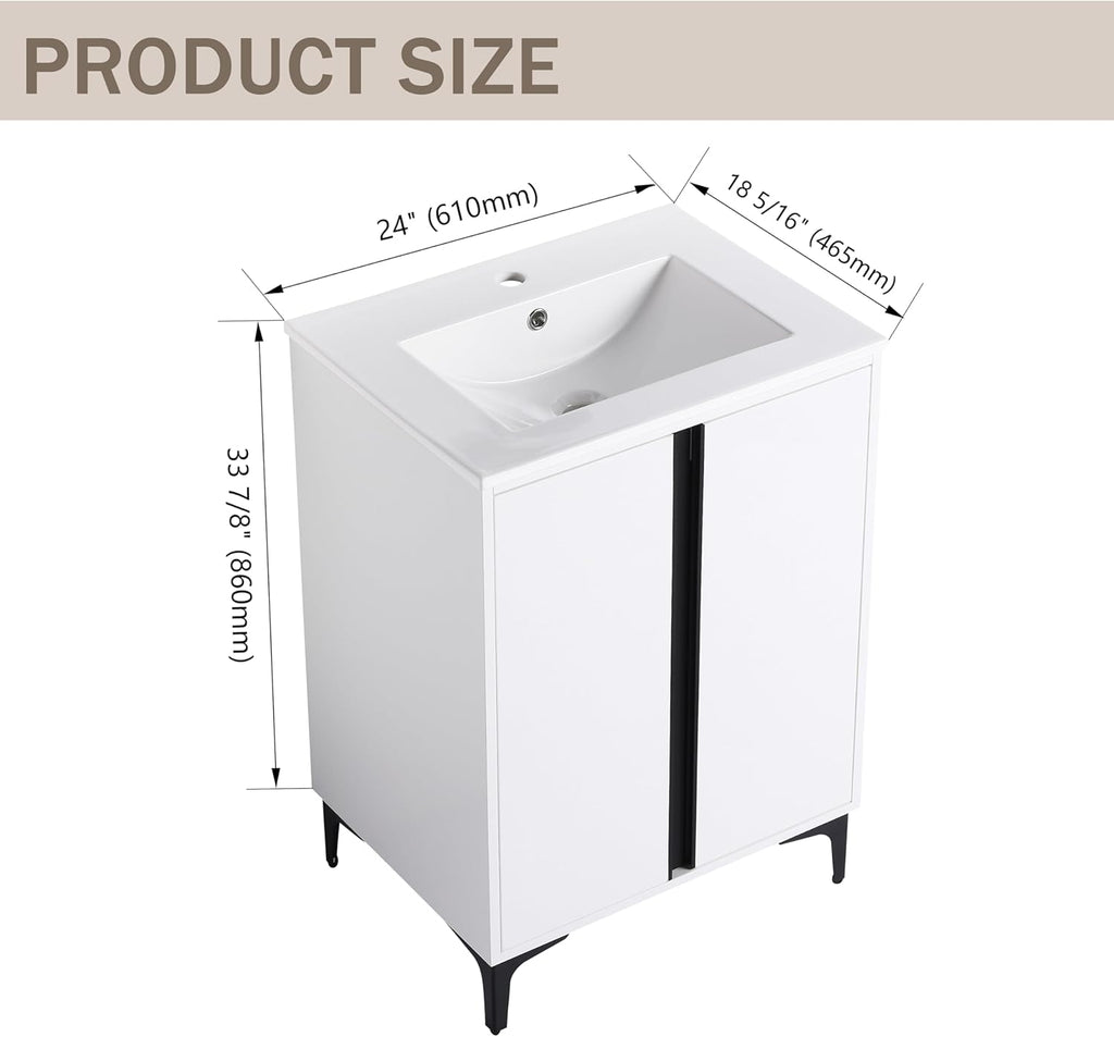 24" Bathroom Vanity with Ceramic Sink, Single Sink, 2 Doors, White W70363