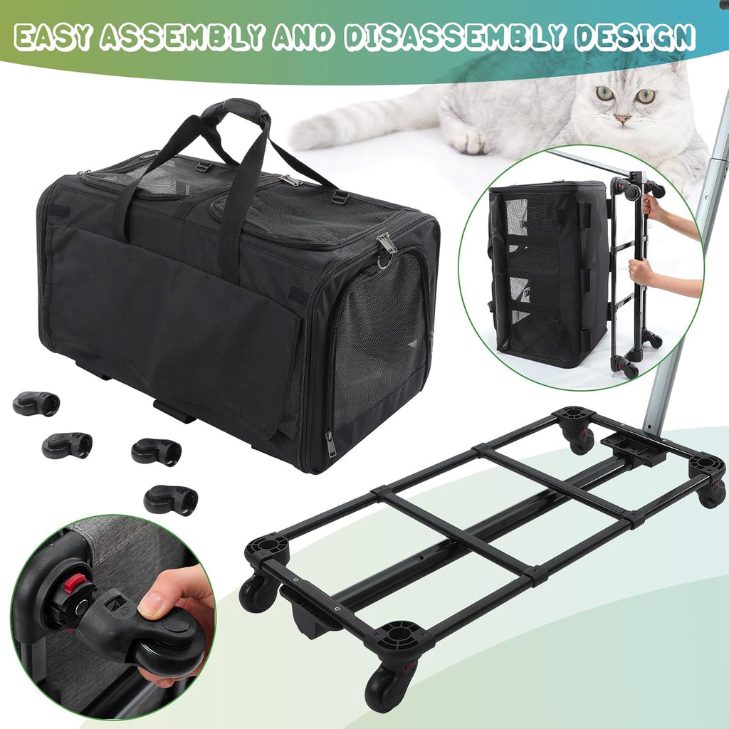 Rolling Pet Carrier for Two Cats, Double Compartment, Large Travel Carrier Y682