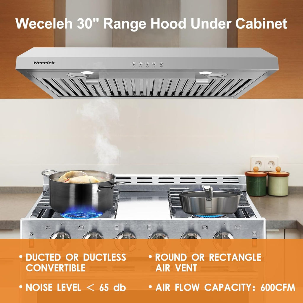Under Cabinet Range Hood 30 Inch Stainless Steel, Ductless or Ducted, 600 CFM with LED Lights H814