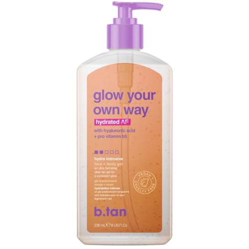 b.tan Face & Body Clear Self Tan Gel | Glow Your Own Way Hydrated - Ultra Hydrating, Transfer-Resistant, Gradual Sunless Tanning Gel for Face and Body, Vegan, Cruelty Free Self Tanner, 8 Fl Oz