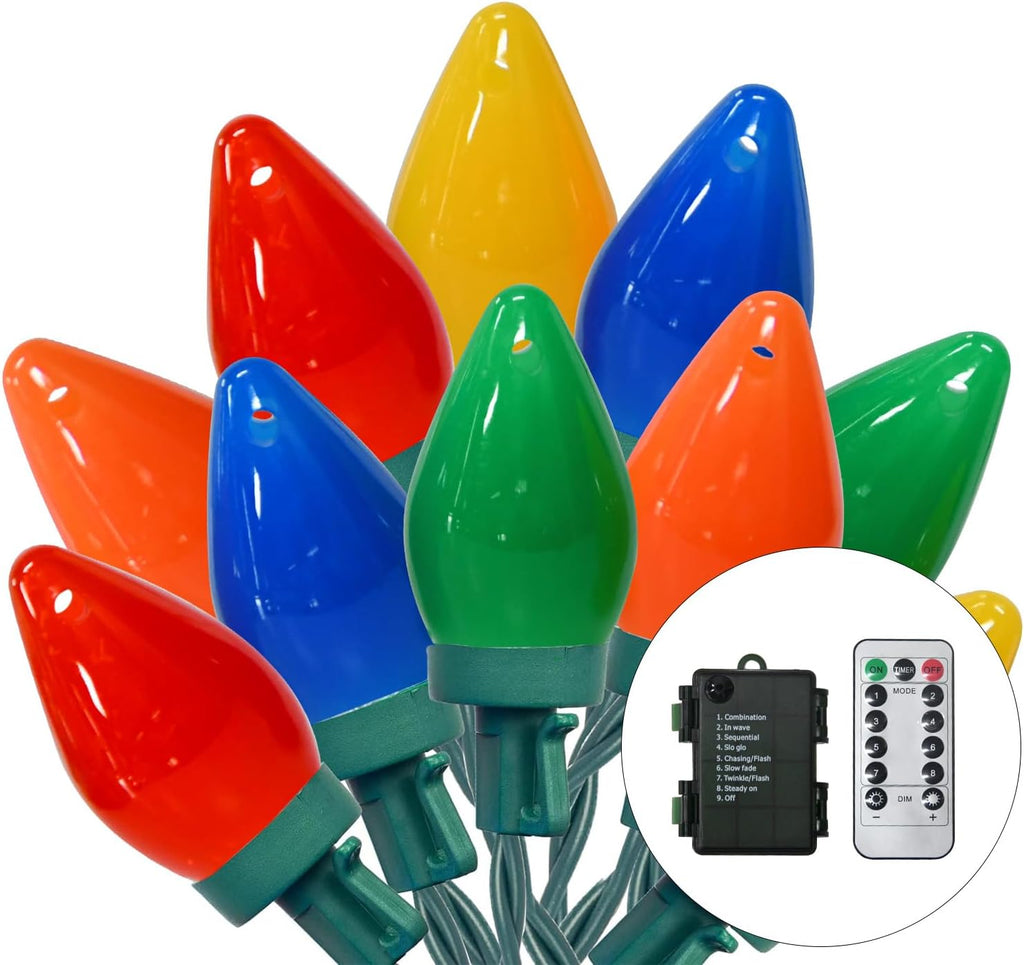 27.5FT C7 LED Christmas Lights Battery Operated Lights with Remote, 8 Mode Twinkle Vintage Colored Christmas Tree Lights, for Colorful Christmas Decorations Indoor Outdoor, 50 Light Bulbs