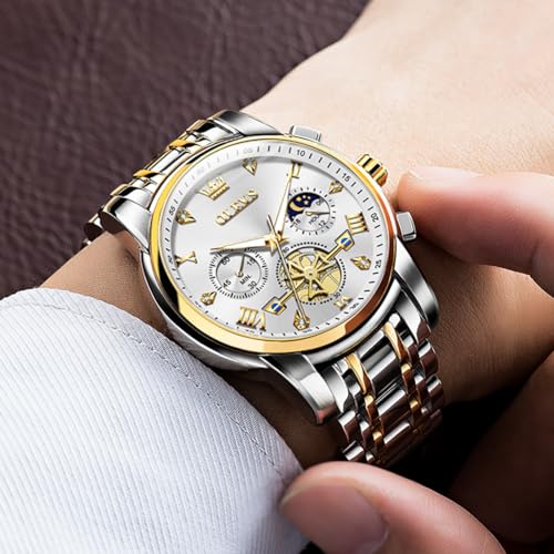 Men Skeleton Watch Stainless Steel Analog Quartz Moon Phase P9497