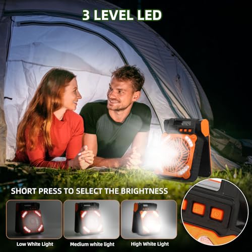 Solar Powered Camping Fan with LED Light, 4 Speeds, Rechargeable E6998