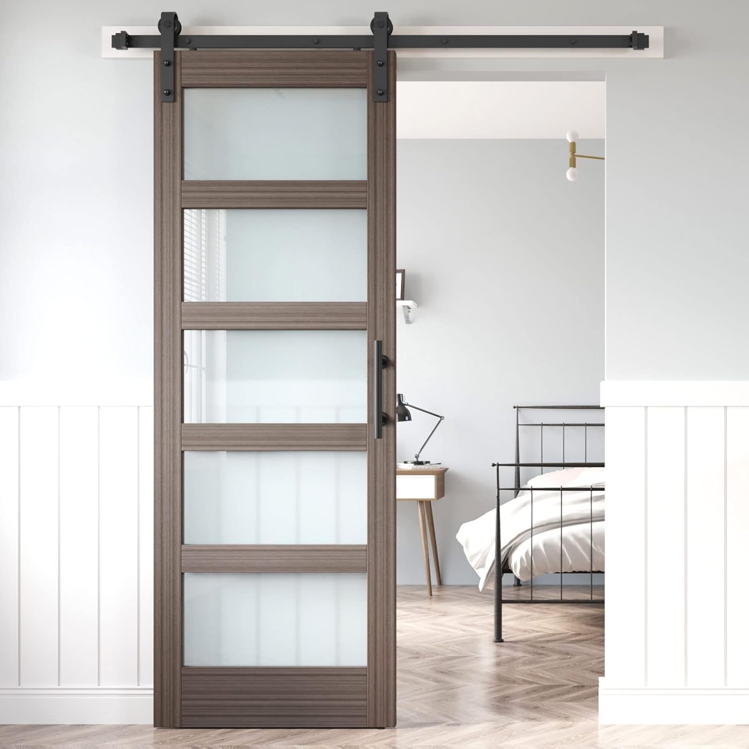 30 x 84 Inch Glass Sliding Barn Door Slab and 5.5ft Hardware Kit Included, MDF Wood Panel Covered with Water-Proof Scratch-Resistant PVC Surface, Easy to Clean, Simple DIY Assembly