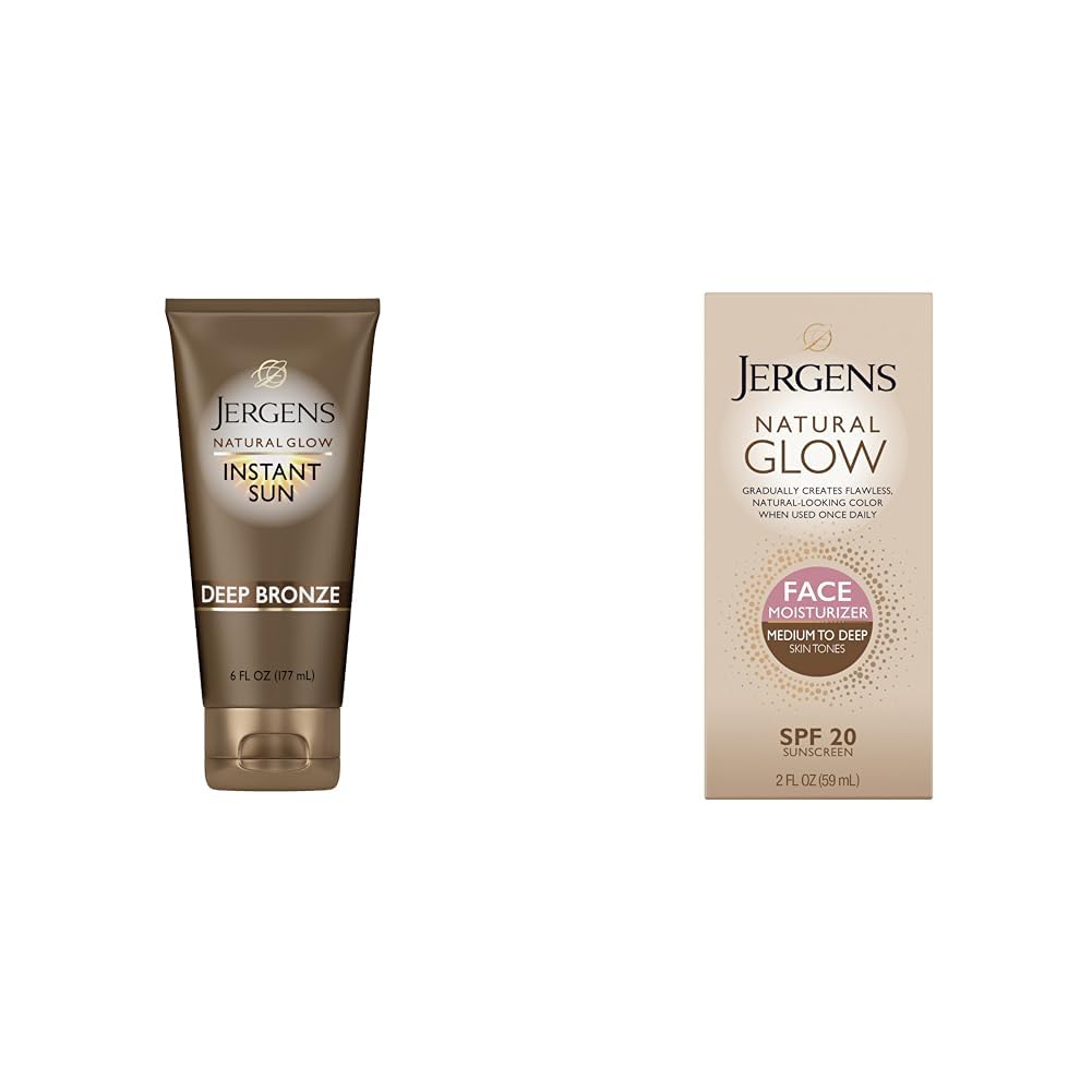 Jergens Natural Glow Instant Sun Sunless Tanning Moisturizer & Natural Glow Self Tanner Face Moisturizer, SPF 20 Facial Sunscreen, Medium to Deep Skin Tone, Sunless Tanning, Oil Free