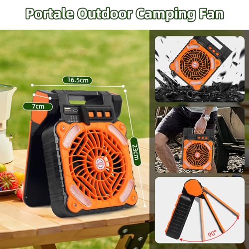 Solar Powered Camping Fan with LED Light, 4 Speeds, Rechargeable E6998