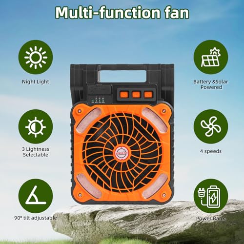 Solar Powered Camping Fan with LED Light, 4 Speeds, Rechargeable E6998