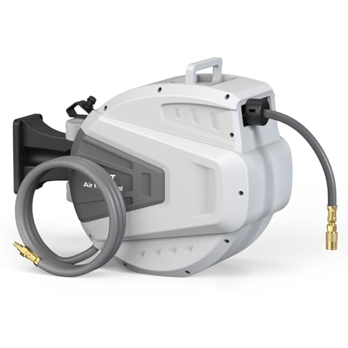 Retractable Air Hose Reel, 3/8 in x 65 Ft Heavy Duty Air Compressor Hose Reel with 180° Swivel Mount, Enclosed Auto-Rewind Hybrid Air Hose Reels Any Length Lock for Workshop Garage, 300 PSI