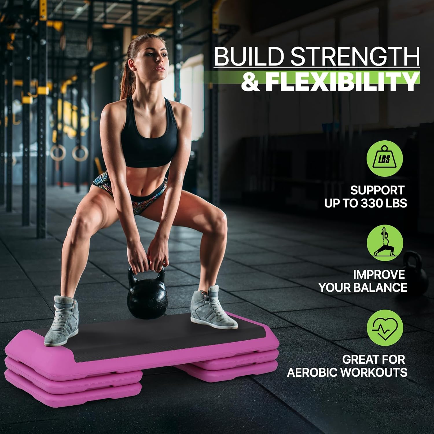 43-Inch Exercise Stepper Platform with Adjustable Risers for Cardio and Strength Training Q360831