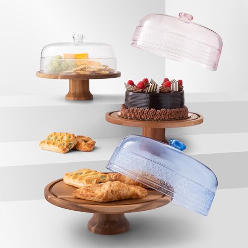 Cake Stand with Dome, Acacia Wood and Acrylic Lid R7901