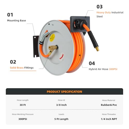 Retractable Air Hose Reel, 3/8 in x 30 ft, 300 PSI, Ceiling/Wall Mounted U1226