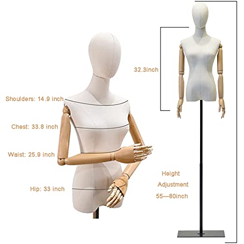 Mannequin Dress Form Torso with Detachable Head, Wooden Hands, Adjustable Stand J737940