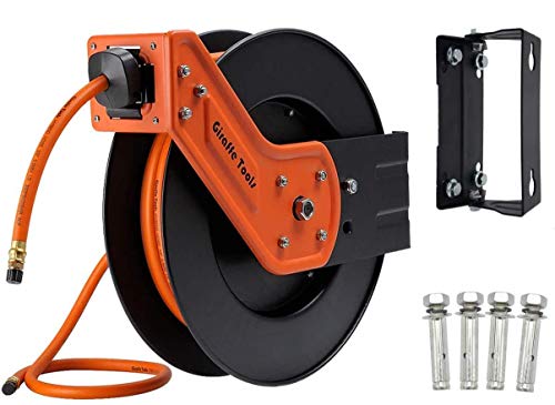Giraffe Tools TA15 Retractable Air Hose Reel Swivel 3/8" x 50 ft Hybrid Hose, Max 300 PSI, Ceiling/Wall Mounted Heavy Duty Industrial Commercial Air Compressor Reel, 50ft, Tangelo