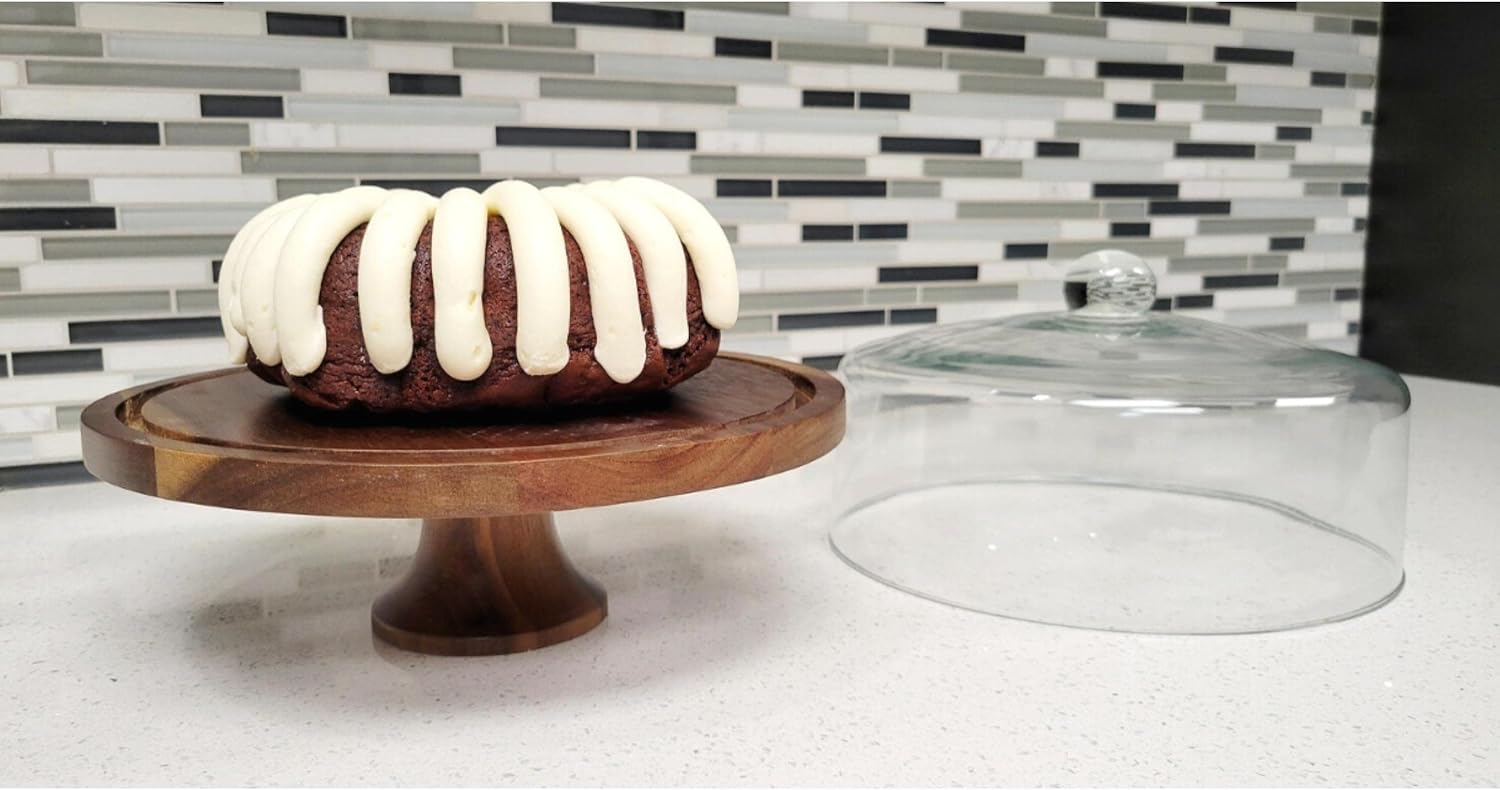 Large Cake Stand with Glass Dome and Wood Pedestal O711810