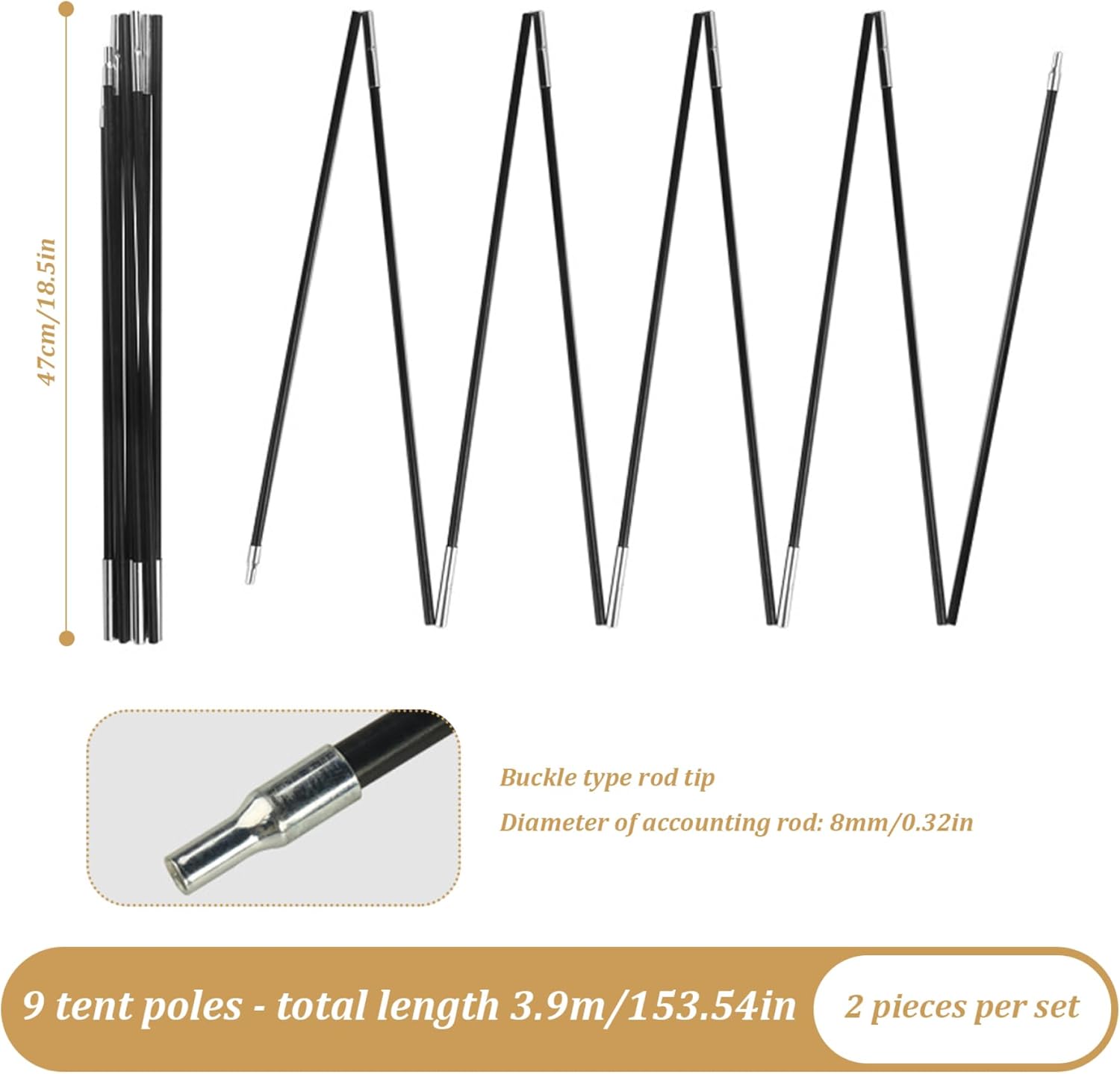 Tent Poles Replacement 8mm 12.8ft Adjustable Fiberglass for Camping N8553