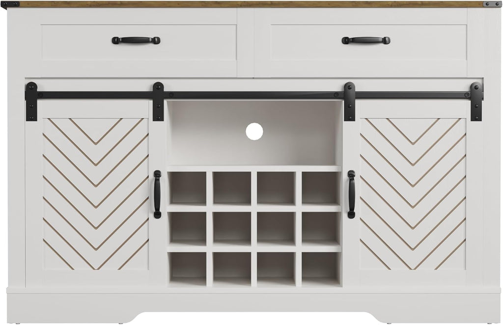 Sliding Barn Door Sideboard Buffet Cabinet with Wine Rack, White & Oak Y496