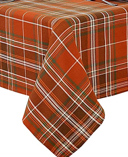Plaid Weave Tablecloth, Rust and Green, 70 Inch Round F39356