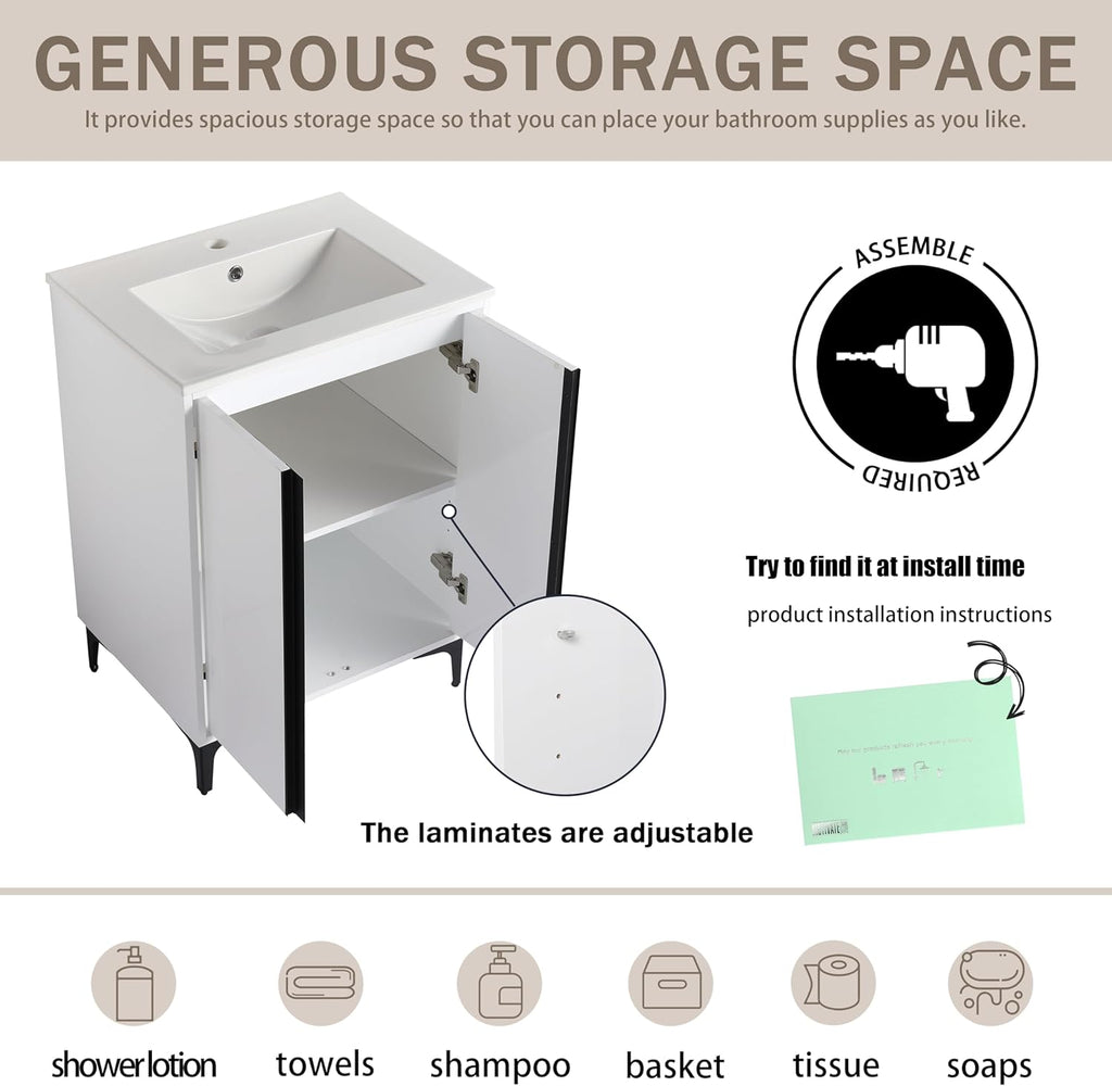 24" Bathroom Vanity with Ceramic Sink, Single Sink, 2 Doors, White W70363