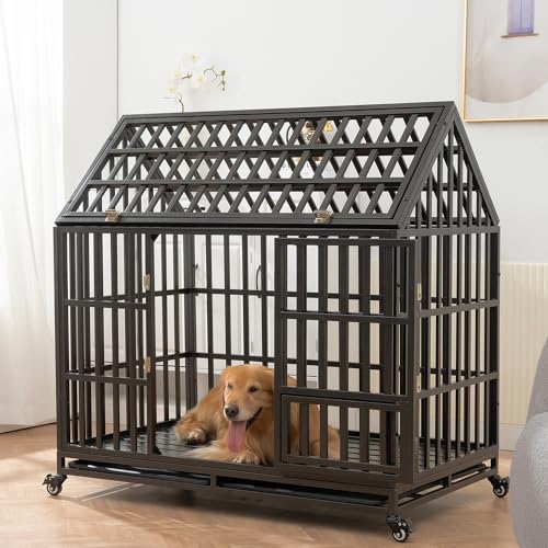 Heavy Duty Dog Crate Dog Cage, Indestructible Metal Dog Kennel Lockable for Medium Large Dogs with Sturdy Door Lock and Removable Trays, Roof Top Access, 47 Inch
