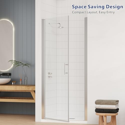 Semi Frameless Pivot Swing Shower Door, Clear Tempered Glass, Chrome Finish I97733